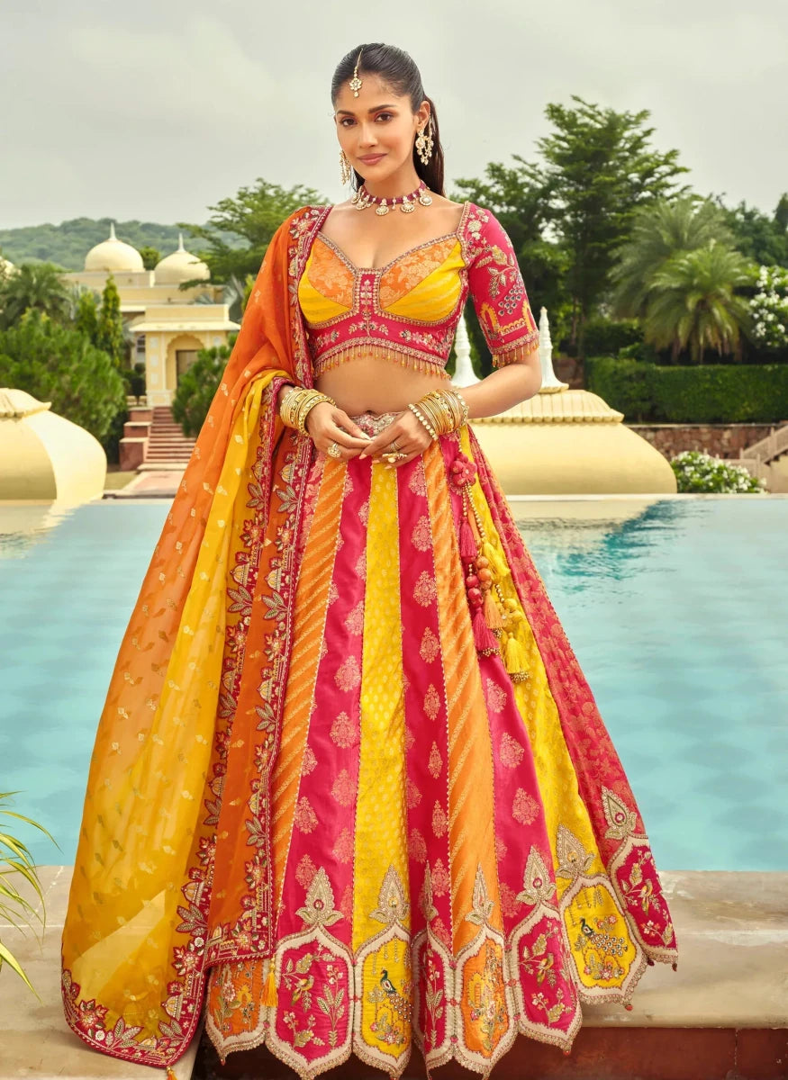 Nayoora Luxe Vibrant Yellow & Rani Pink Panel Silk Readymade Couture Lehenga - Nayoora