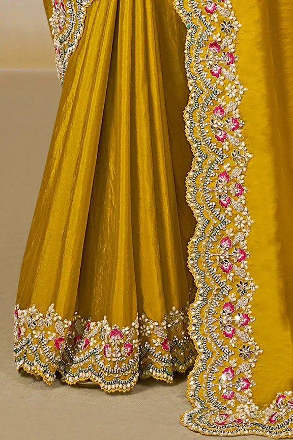 Nayoora Luxe Vibrant Yellow Scalloped Tissue Silk Saree - Nayoora