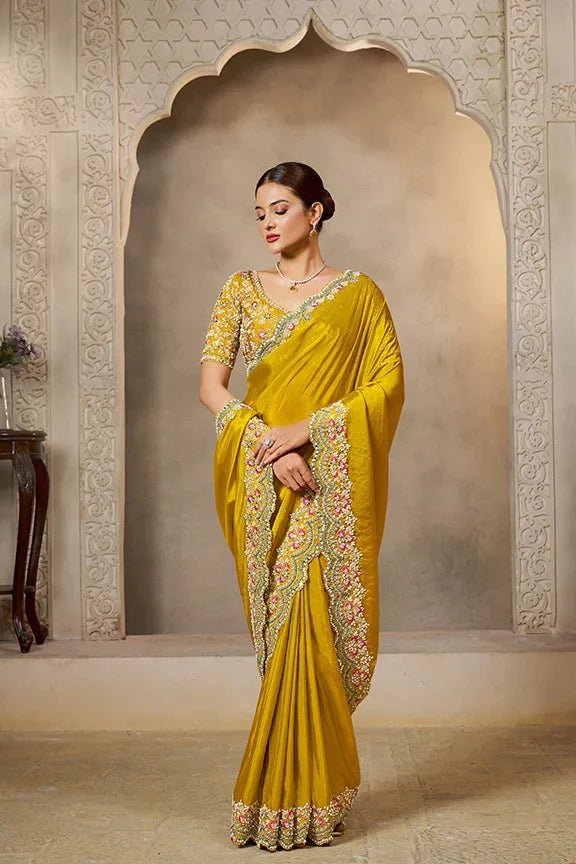 Nayoora Luxe Vibrant Yellow Scalloped Tissue Silk Saree - Nayoora