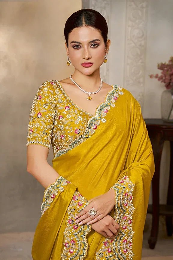 Nayoora Luxe Vibrant Yellow Scalloped Tissue Silk Saree - Nayoora