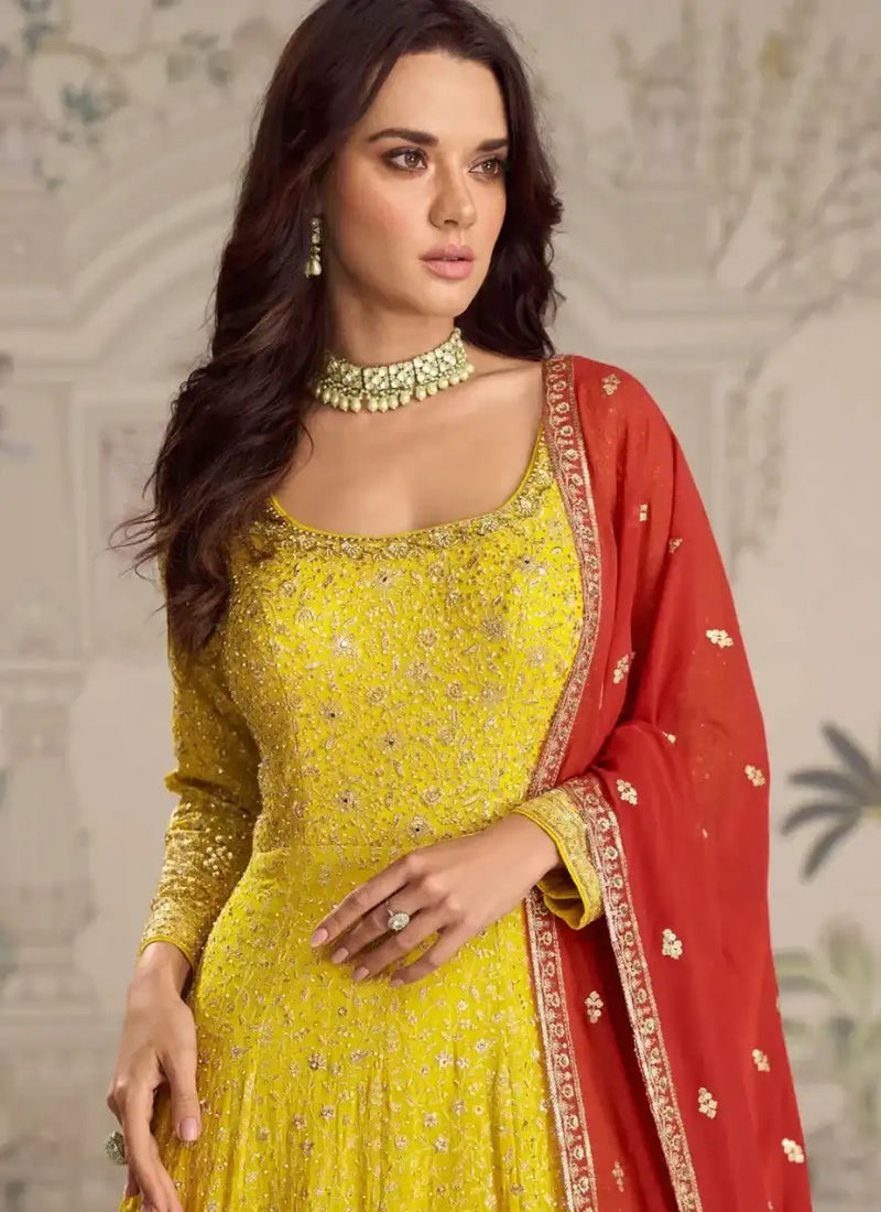 Embroidered ombre georgette gown set, yellow sequined bodice with red dupatta and gold trim
