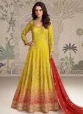 Embroidered georgette gown with yellow-to-orange ombre, long sleeves, red dupatta