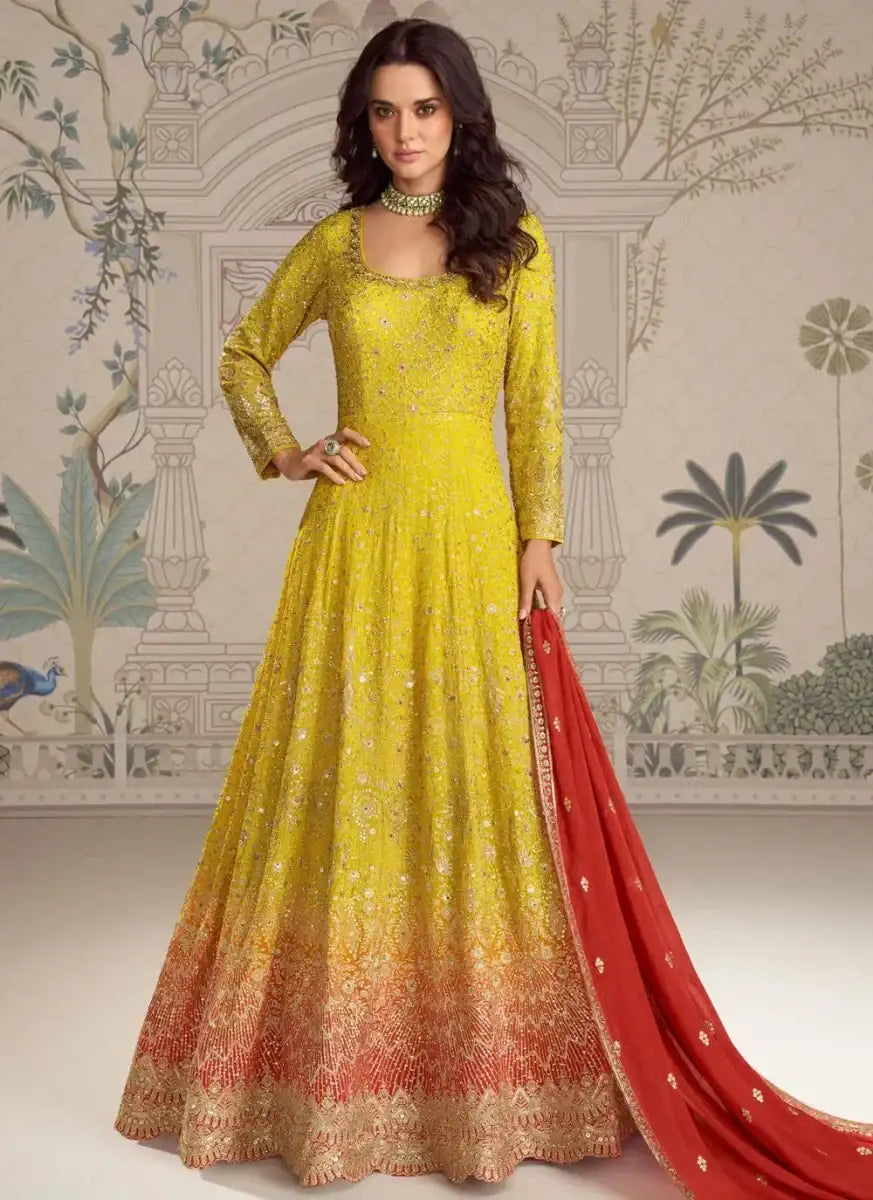 Embroidered georgette gown with yellow-to-orange ombre, long sleeves, red dupatta