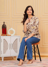 Floral tunic with V-neck, 3/4 sleeves, coffee and cream floral print