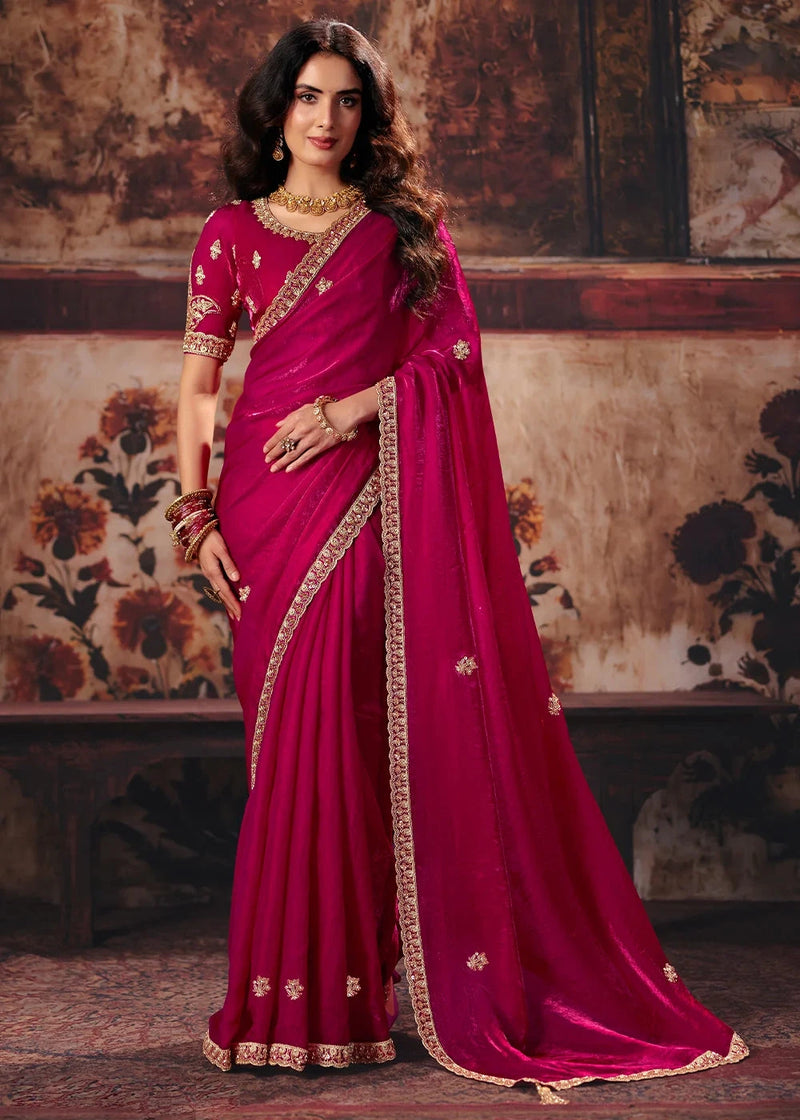 Nayoora Magenta Fancy Fabric Embroidered Designer Saree with golden embroidered border and matching embroidered blouse