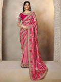 Magenta silk saree with multicolor patchwork and ornate gold border