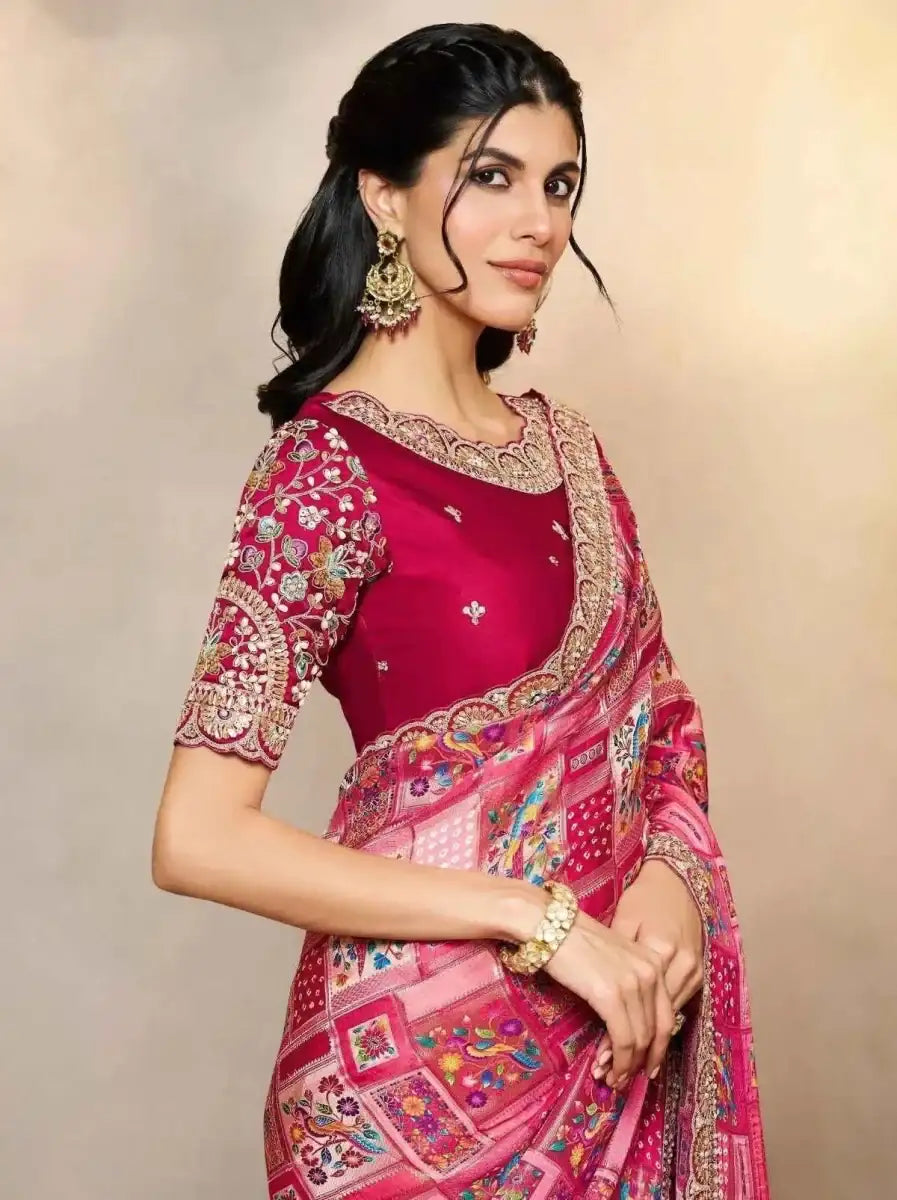 Magenta silk saree with embroidered blouse and multicolor patterned pallu