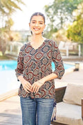 Flared rayon tunic with dark medallion print, V-neck, and three-quarter sleeves