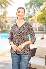 Mandala print flared rayon tunic, dark V-neck, three-quarter sleeves, side tie