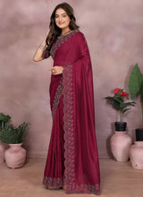 Maroon lycra saree with scalloped lace border and short-sleeve blouse, full-length
