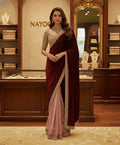 Nayoora Maroon Velvet & Pink Net Half-and-Half Saree – Heavy Embroidery - Nayoora