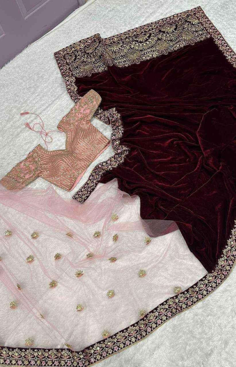Nayoora Maroon Velvet & Pink Net Half-and-Half Saree – Heavy Embroidery - Nayoora
