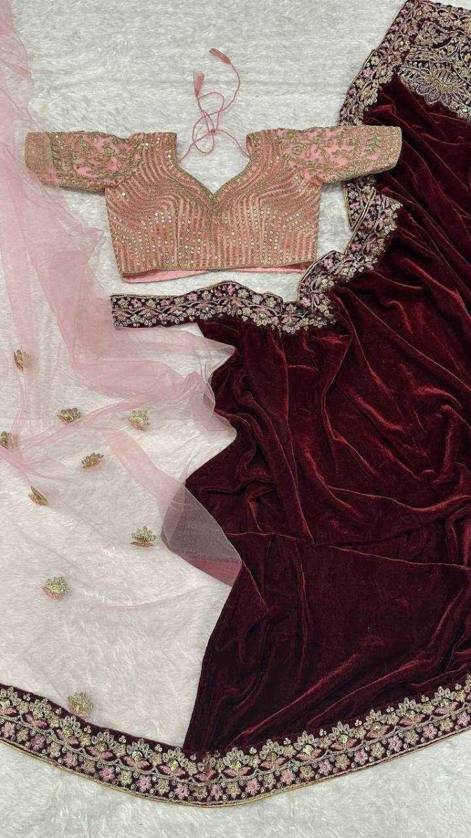 Nayoora Maroon Velvet & Pink Net Half - and - Half Saree – Heavy Embroidery - Nayoora