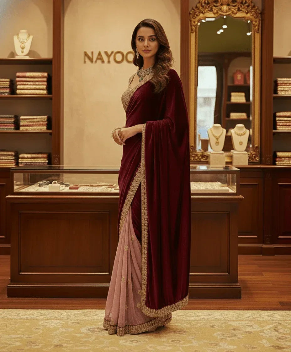 Nayoora Maroon Velvet & Pink Net Half - and - Half Saree – Heavy Embroidery - Nayoora