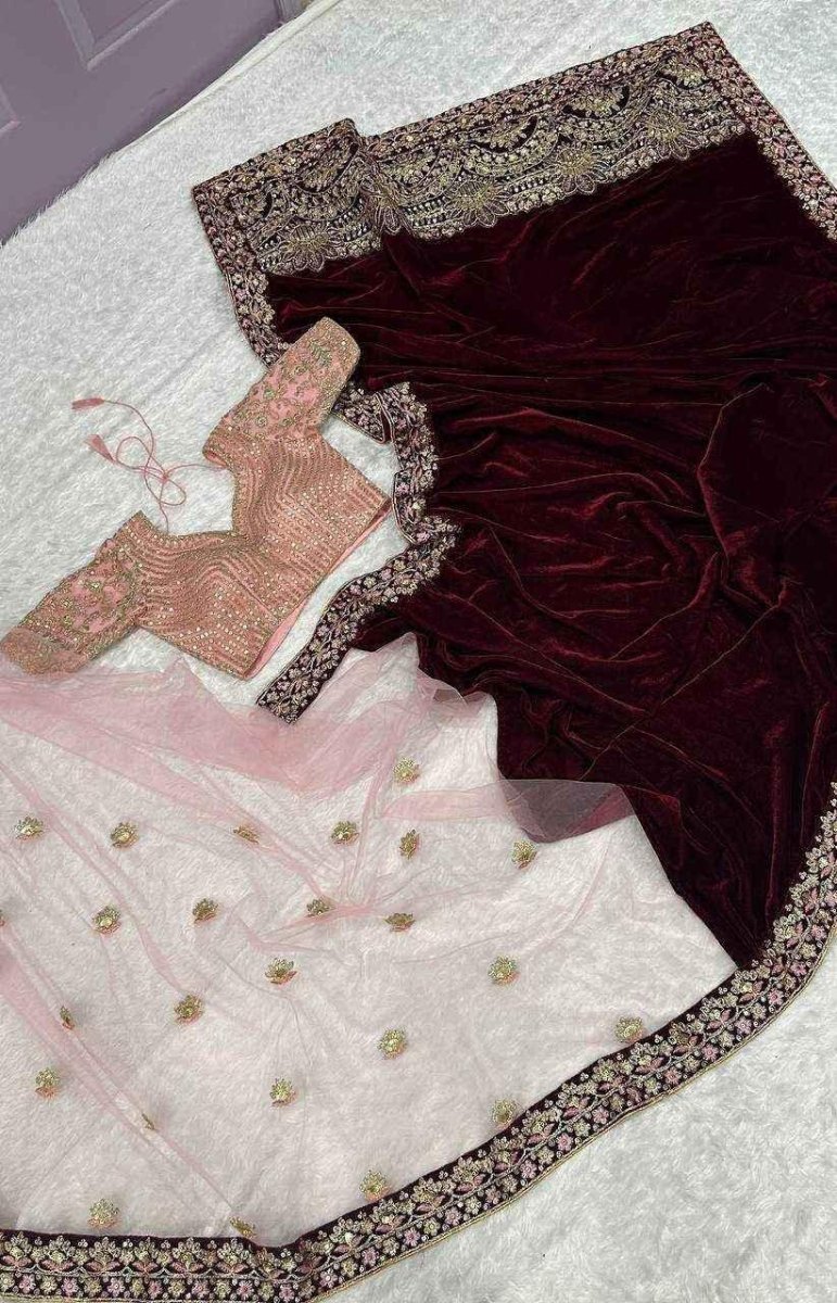 Nayoora Maroon Velvet & Pink Net Half - and - Half Saree – Heavy Embroidery - Nayoora