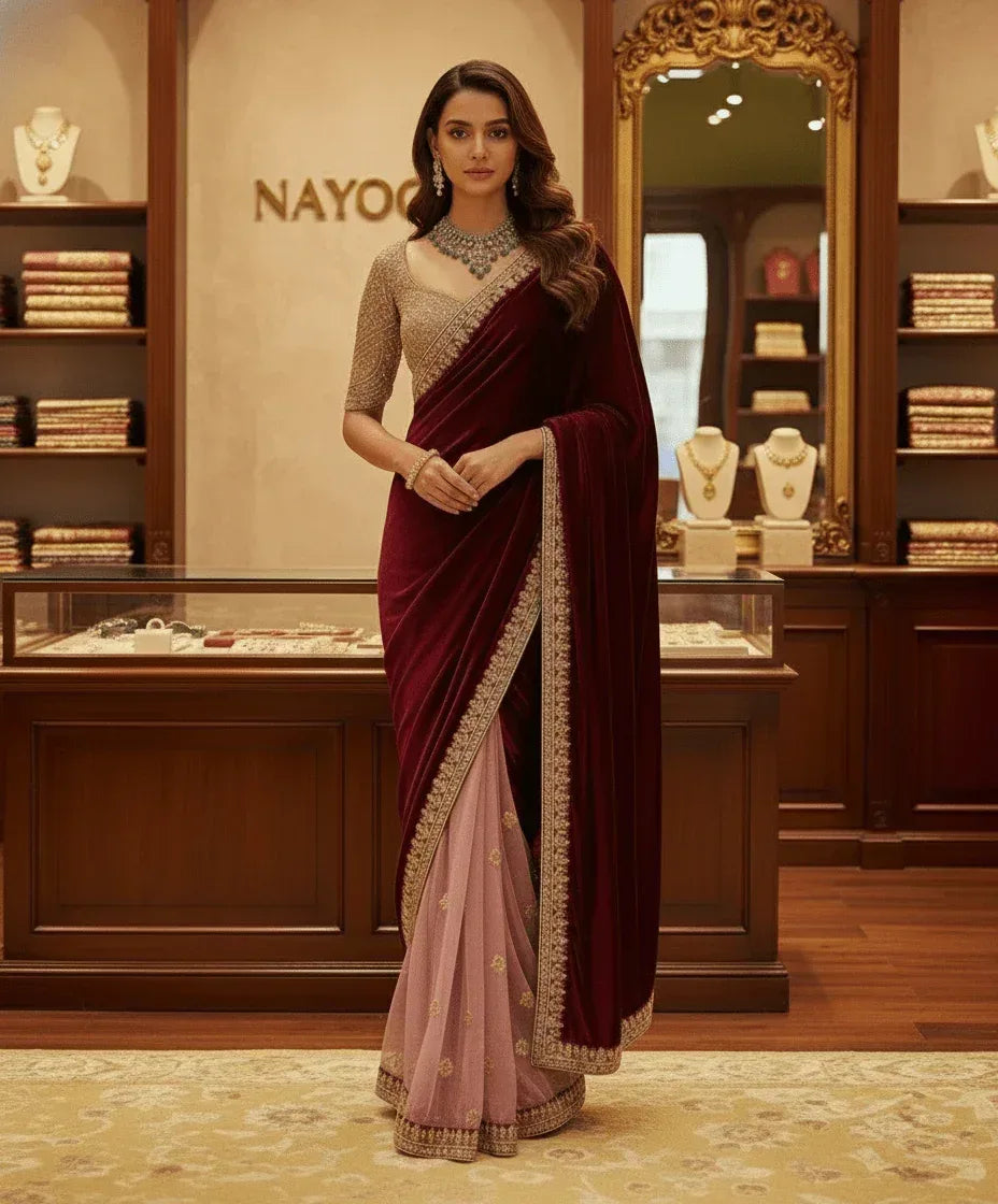 Nayoora Maroon Velvet & Pink Net Half - and - Half Saree – Heavy Embroidery - Nayoora
