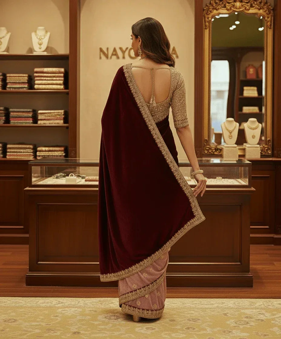 Nayoora Maroon Velvet & Pink Net Half - and - Half Saree – Heavy Embroidery - Nayoora