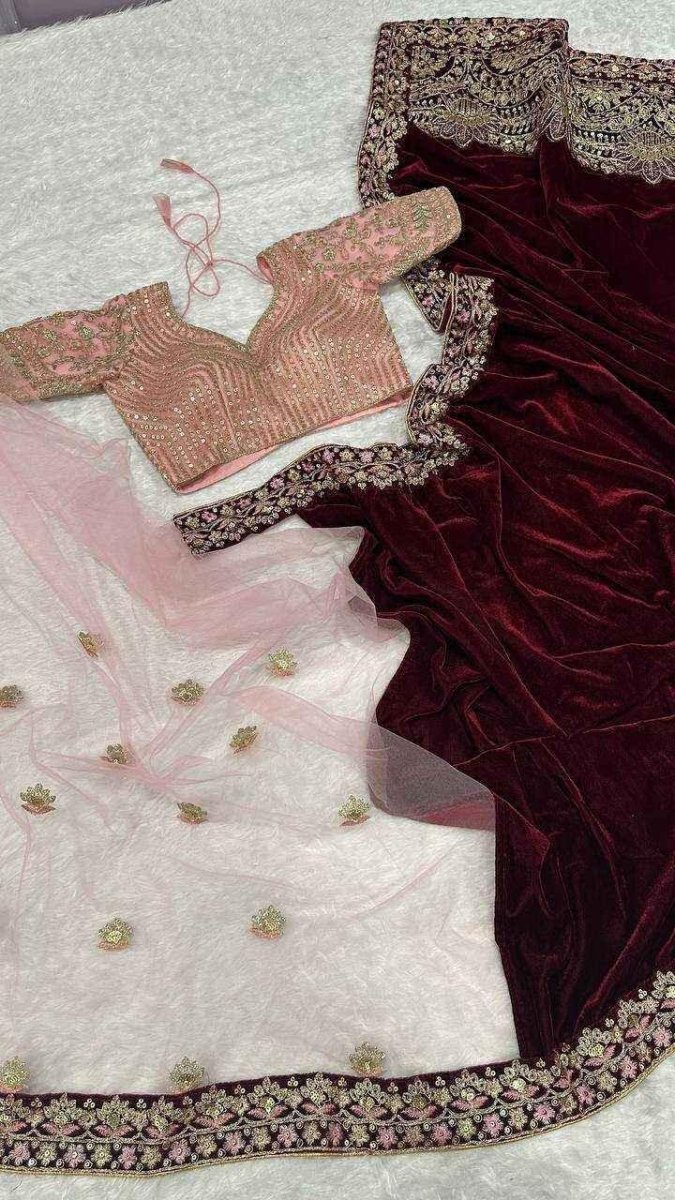 Nayoora Maroon Velvet & Pink Net Half - and - Half Saree – Heavy Embroidery - Nayoora