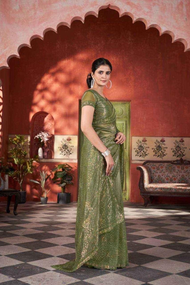Nayoora Mehndi Green Twill Net Saree – Two - Tone Sequin & Beads Work - Nayoora