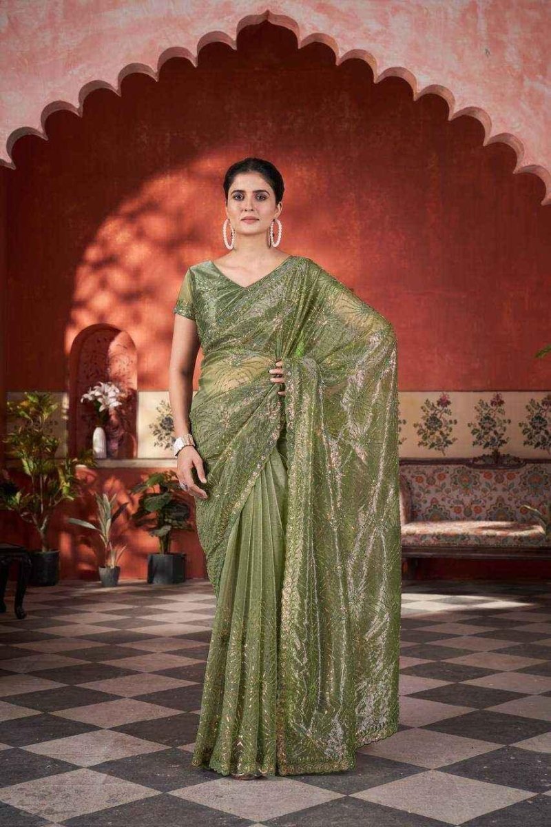 Nayoora Mehndi Green Twill Net Saree – Two - Tone Sequin & Beads Work - Nayoora