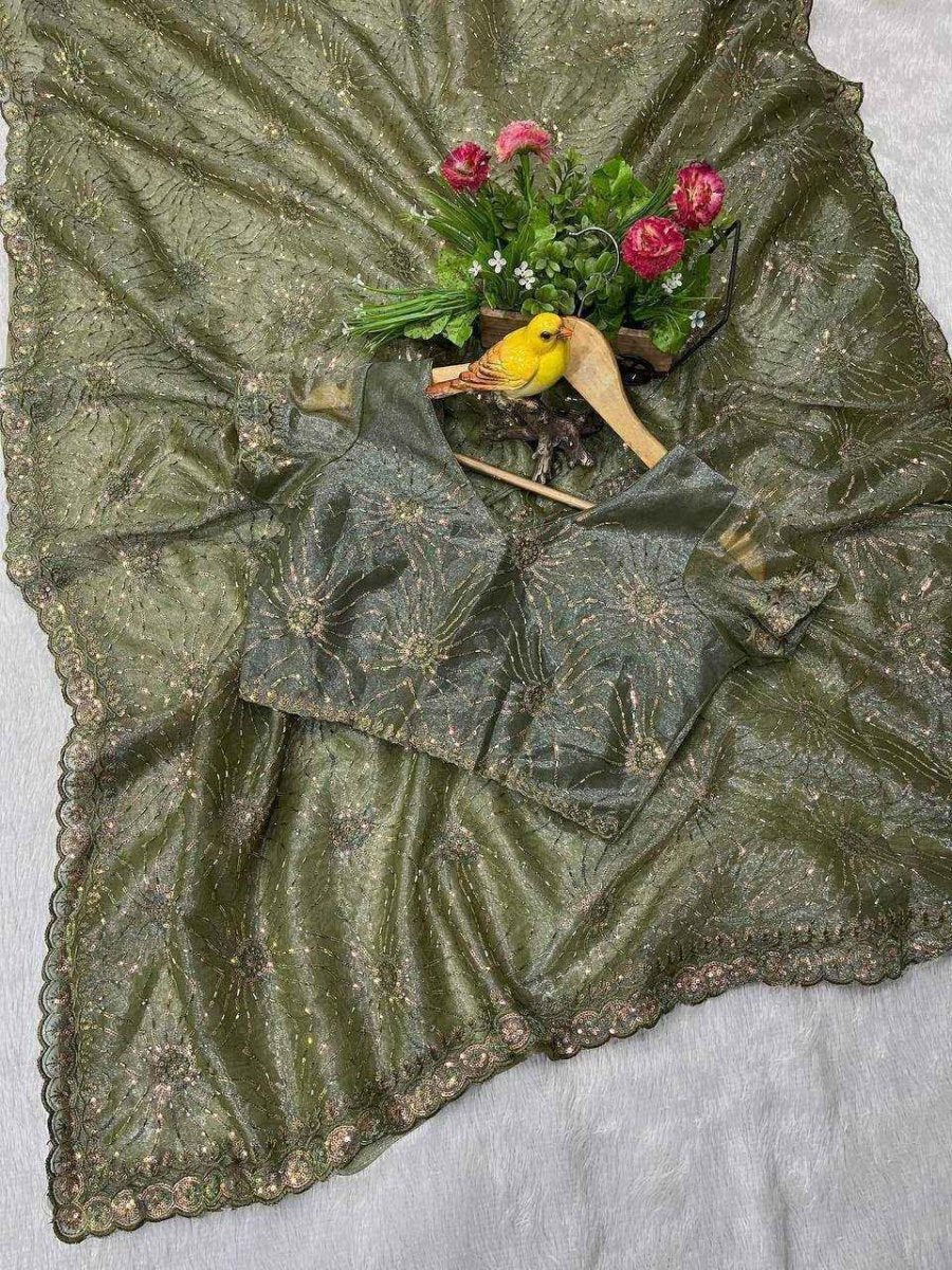 Nayoora Mehndi Green Twill Net Saree – Two - Tone Sequin & Beads Work - Nayoora