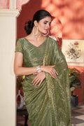 Nayoora Mehndi Green Twill Net Saree – Two - Tone Sequin & Beads Work - Nayoora