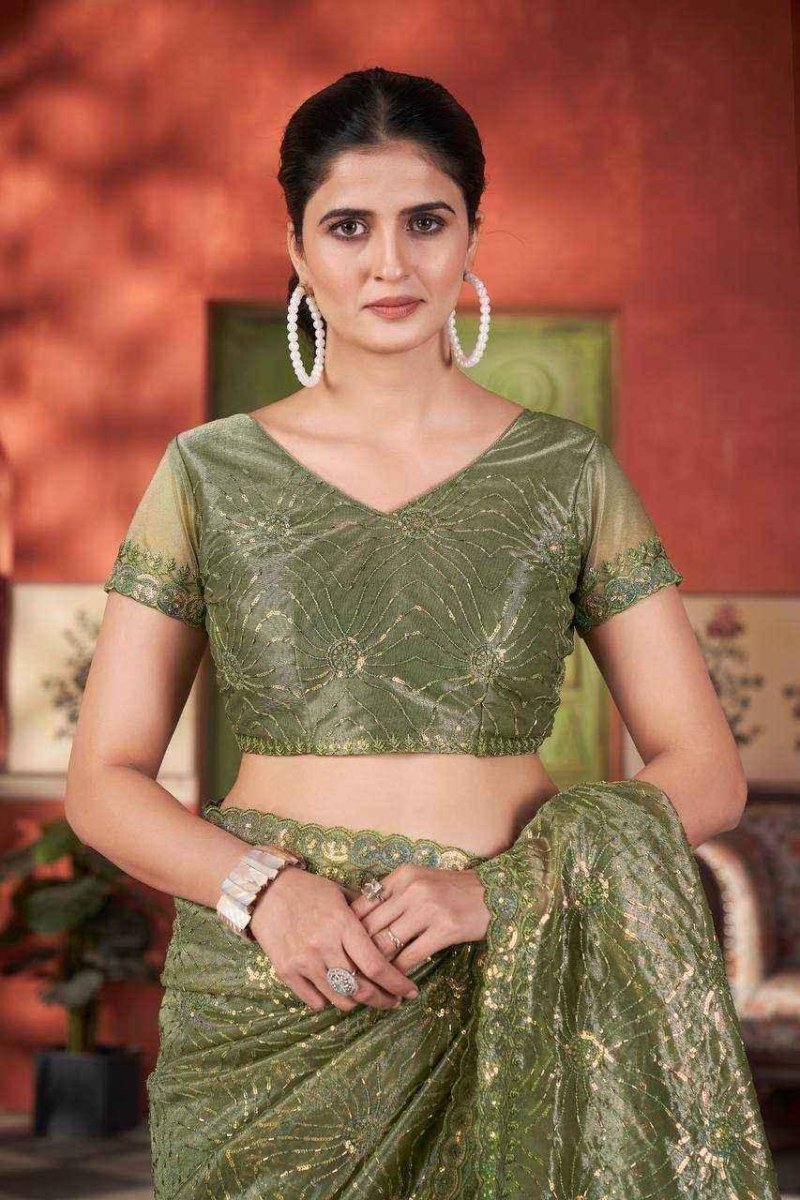 Nayoora Mehndi Green Twill Net Saree – Two - Tone Sequin & Beads Work - Nayoora