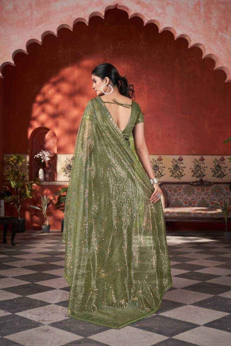 Nayoora Mehndi Green Twill Net Saree – Two - Tone Sequin & Beads Work - Nayoora