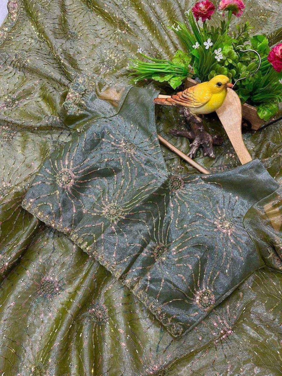 Nayoora Mehndi Green Twill Net Saree – Two - Tone Sequin & Beads Work - Nayoora