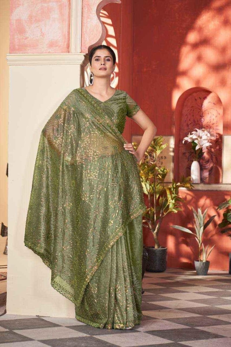 Nayoora Mehndi Green Twill Net Saree – Two - Tone Sequin & Beads Work - Nayoora