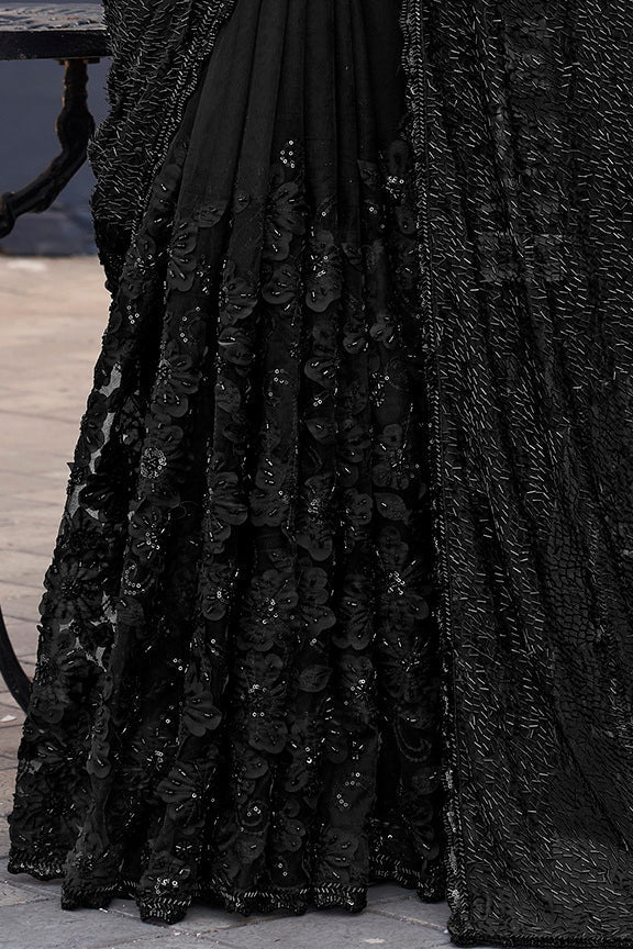 Nayoora Midnight Black Armani Tulle Saree with Pure Beadwork & Floral Applique - Nayoora