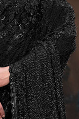Midnight black tulle saree sleeve with shimmering beadwork and textured floral motifs