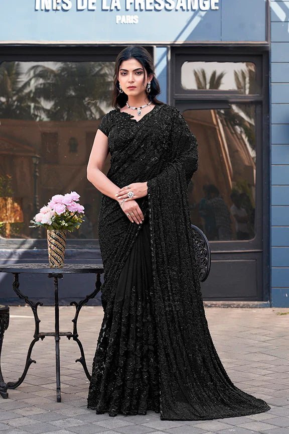 Nayoora Midnight Black Armani Tulle Saree with Pure Beadwork & Floral Applique - Nayoora