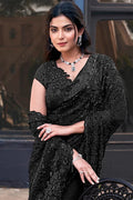 Nayoora Midnight Black Armani Tulle Saree with Pure Beadwork & Floral Applique - Nayoora