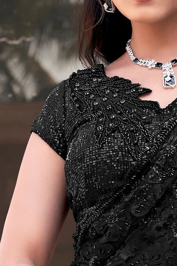 Nayoora Midnight Black Armani Tulle Saree with Pure Beadwork & Floral Applique - Nayoora