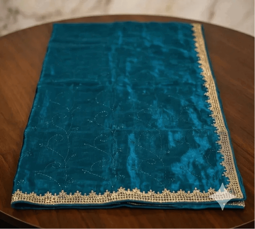 Deep teal blue saree with textured shimmer and gold-toned stone border on one side
