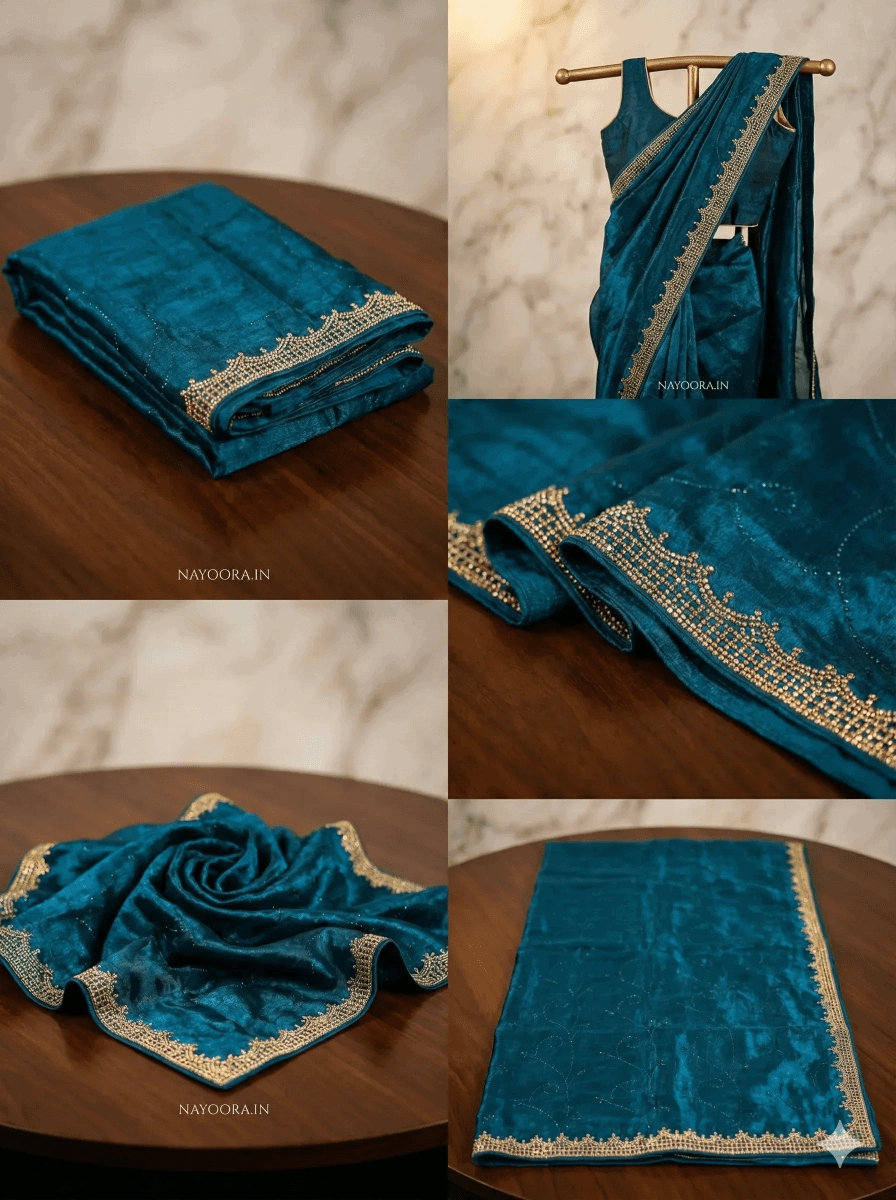 Deep teal blue saree set featuring gold-toned stone border detail and shimmer fabric