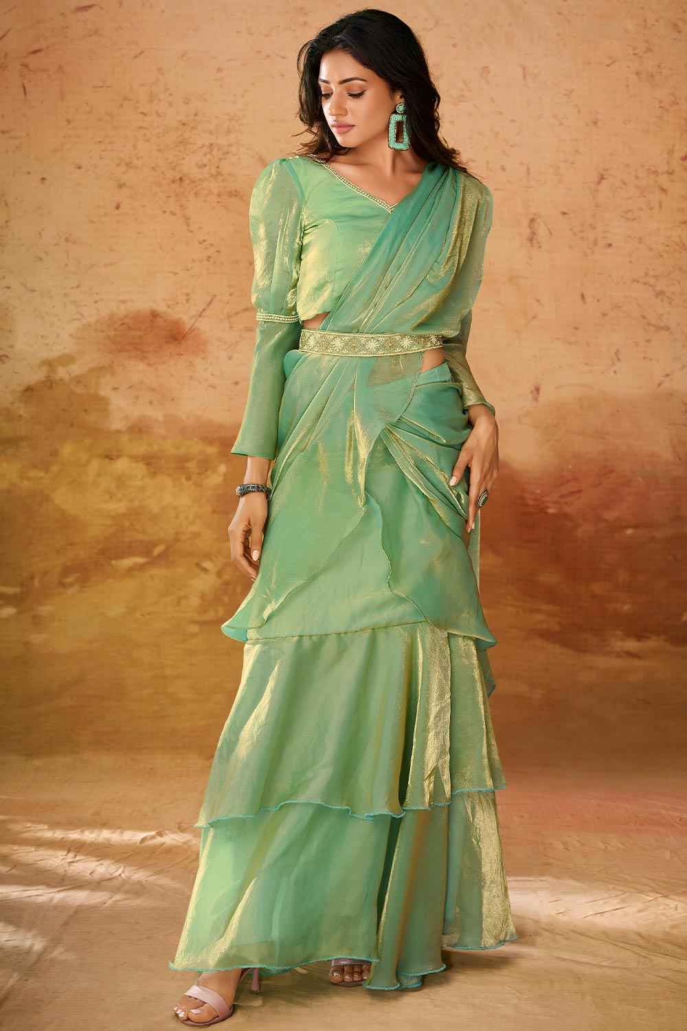 Nayoora Mint Green Organza Western Saree - Nayoora
