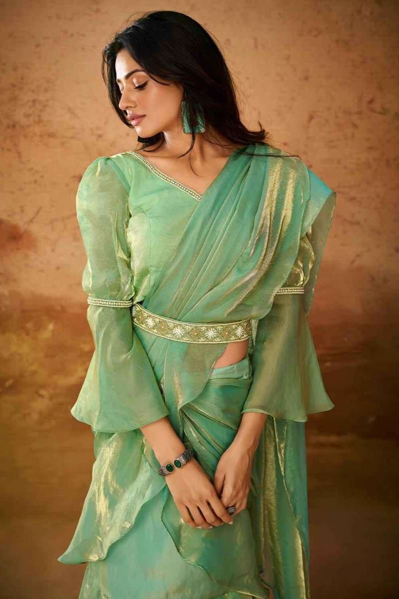 Mint green organza western saree with V-neck top, gathered skirt, and gold belt