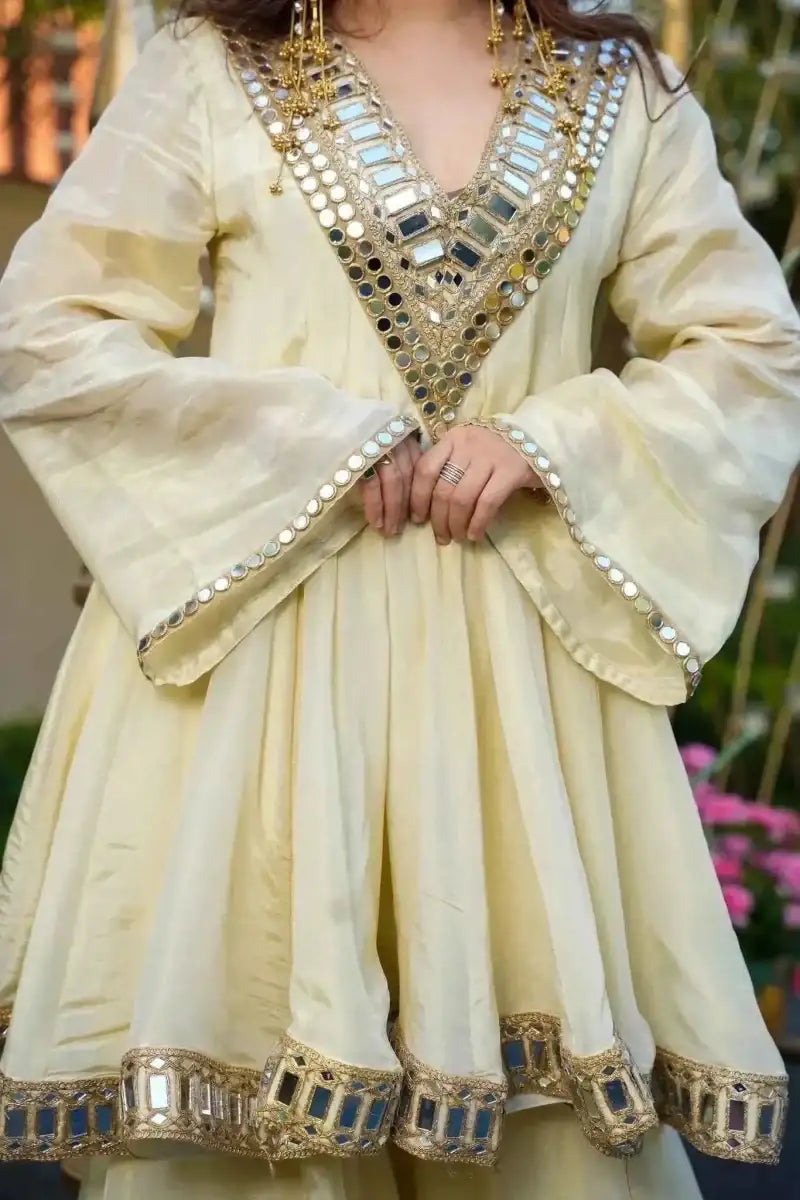 Off-white silk anarkali kurti bodice with V-neck mirror-work and gold trim