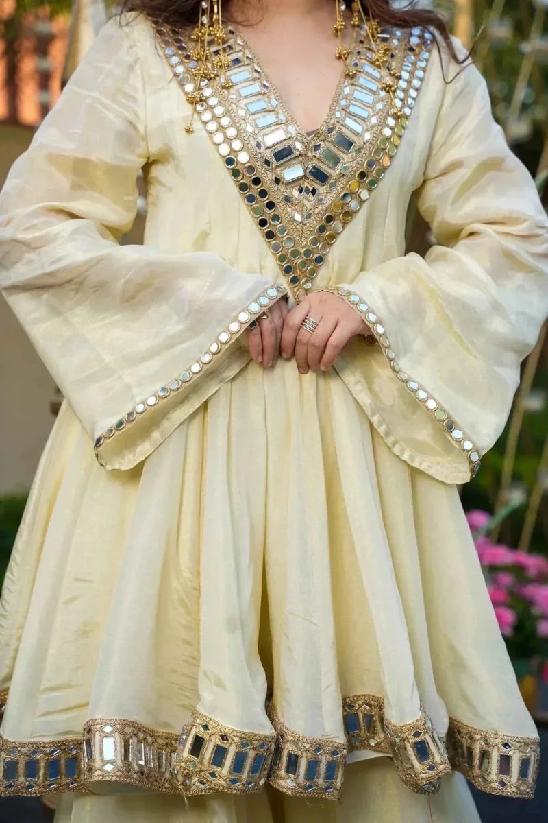Nayoora Mirror - Work Silk Anarkali Kurti Palazzo Set - Nayoora