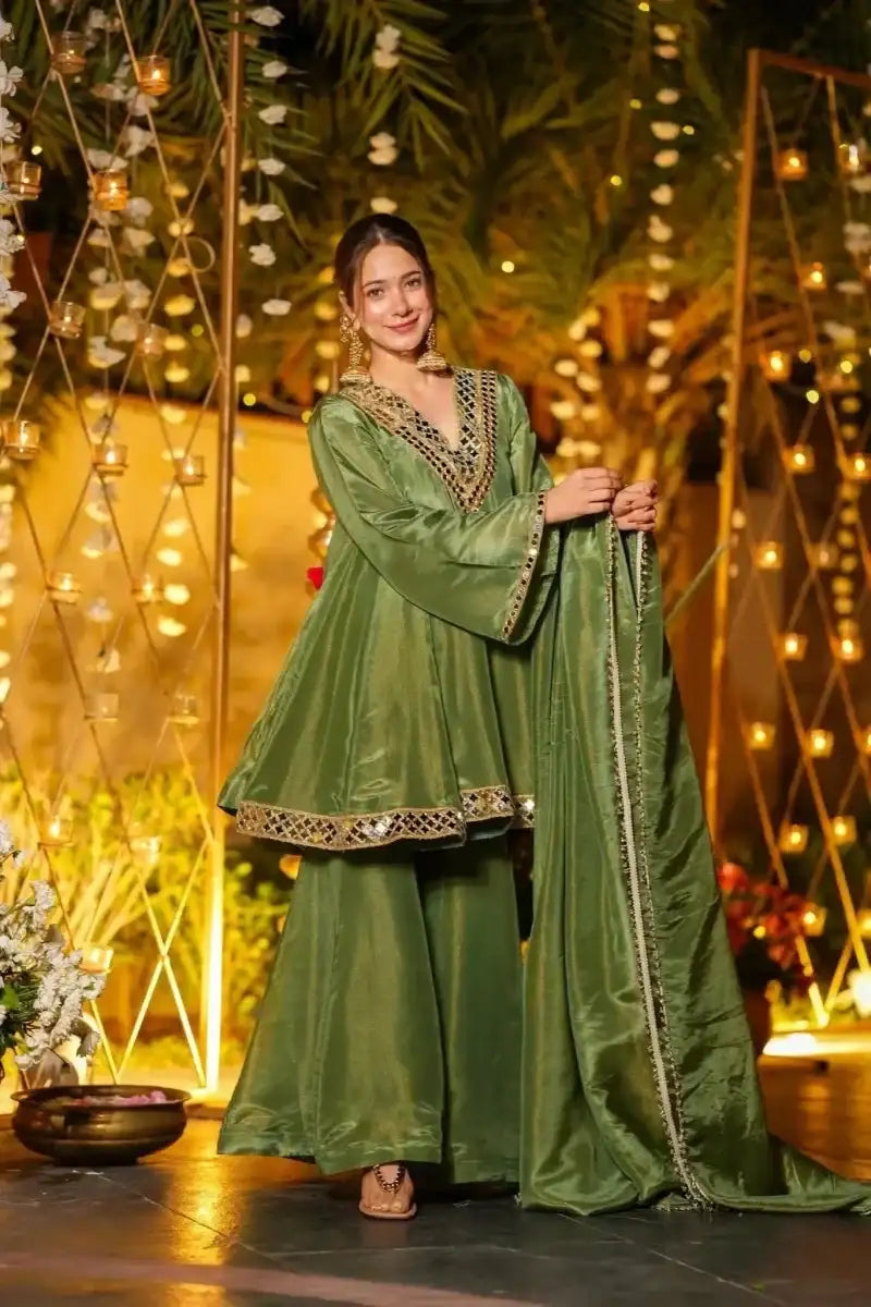 Mehendi green mirror-work silk anarkali kurti with flared sleeves and matching dupatta