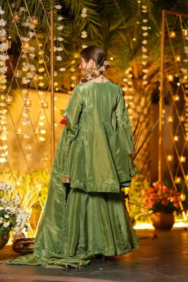 Mehendi green silk anarkali kurti and palazzo set, back view with mirror-work edging