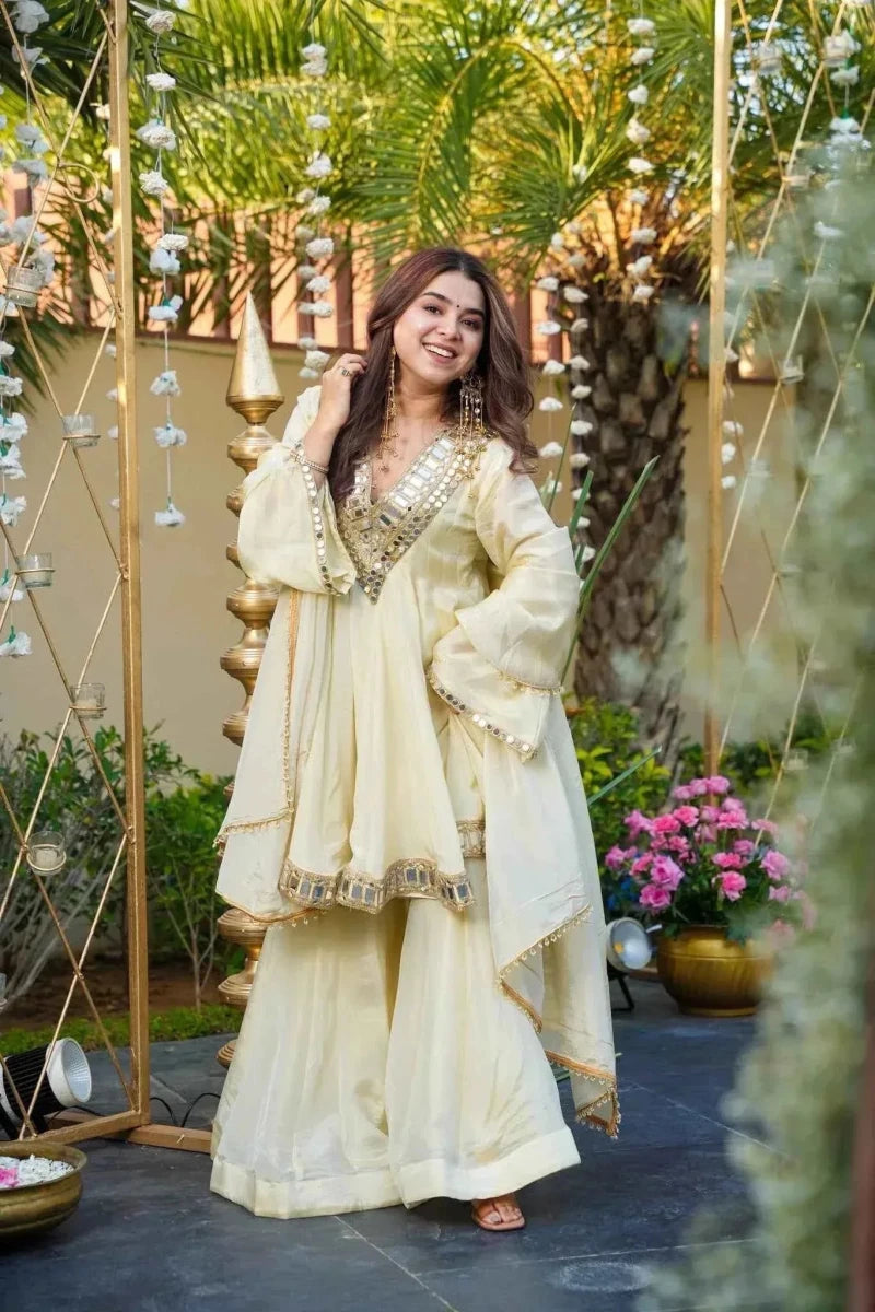 Nayoora Mirror - Work Silk Anarkali Kurti Palazzo Set - Nayoora