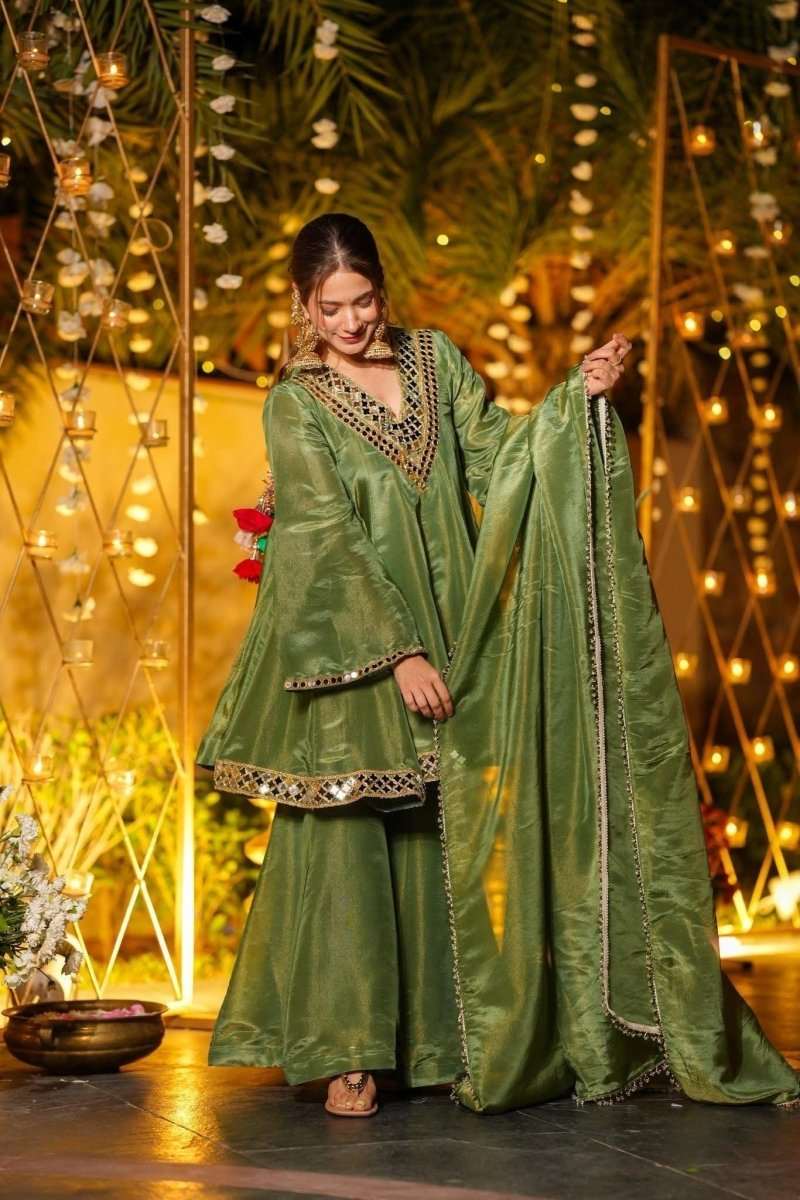 Mehendi green silk anarkali kurti and palazzo set with mirror-work yoke and borders