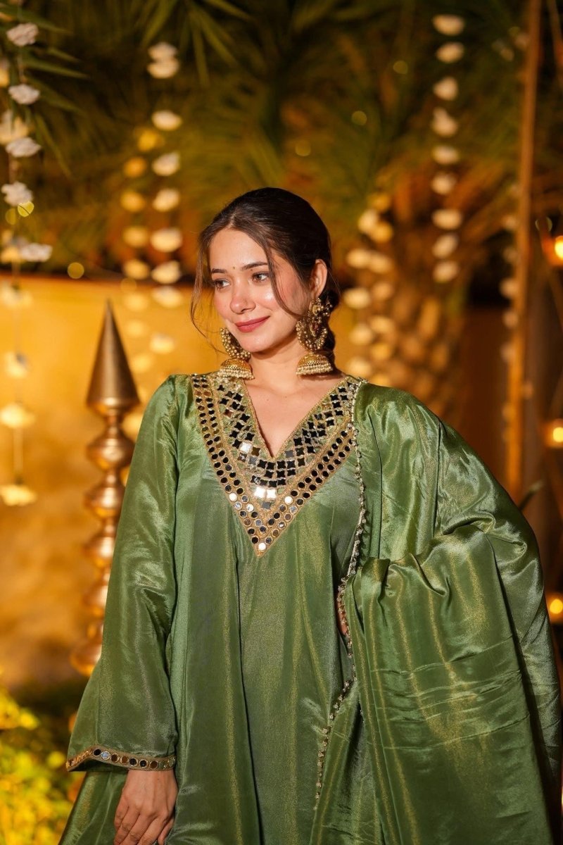 Nayoora Mirror - Work Silk Anarkali Kurti Palazzo Set - Nayoora