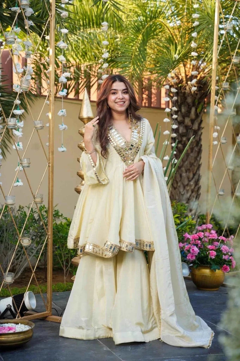 Nayoora Mirror - Work Silk Anarkali Kurti Palazzo Set - Nayoora