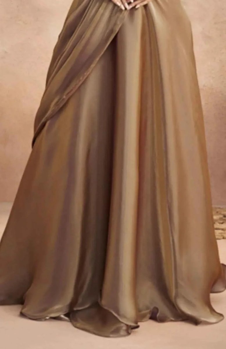 Mocha-brown saree fabric drape with subtle gold sheen and border