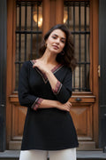 Nayoora Noir Artisanal Embroidered V Neck Tunic - Nayoora