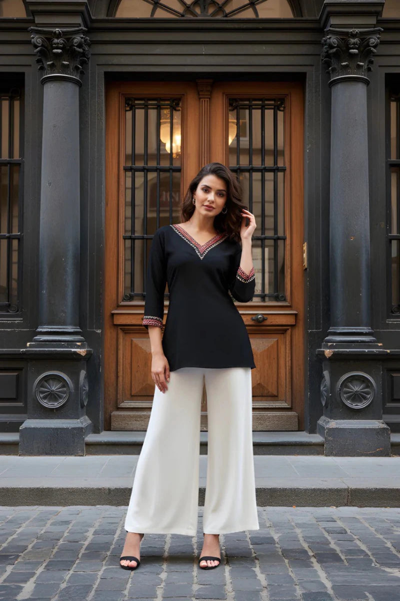 Nayoora Noir Artisanal Embroidered V Neck Tunic - Nayoora